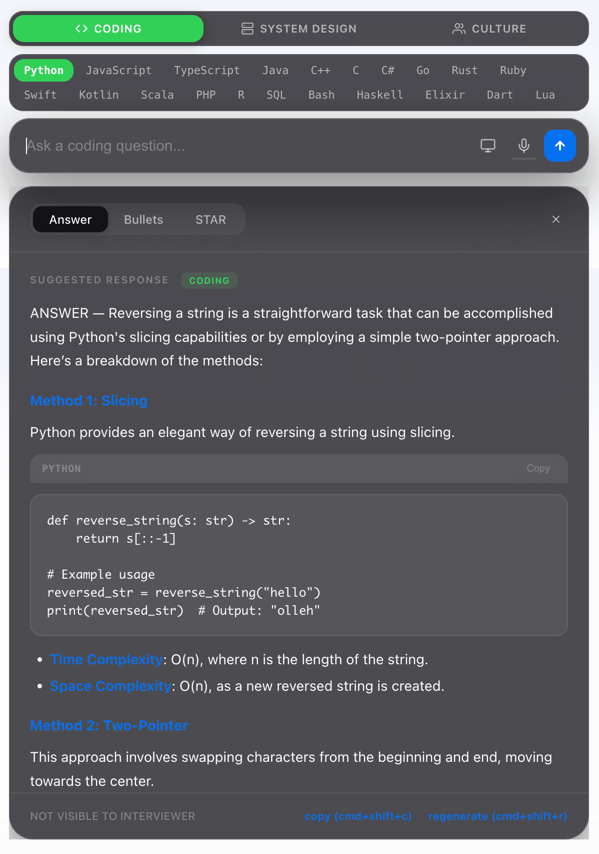 VanishPrinciple app showing AI-powered coding interview assistance